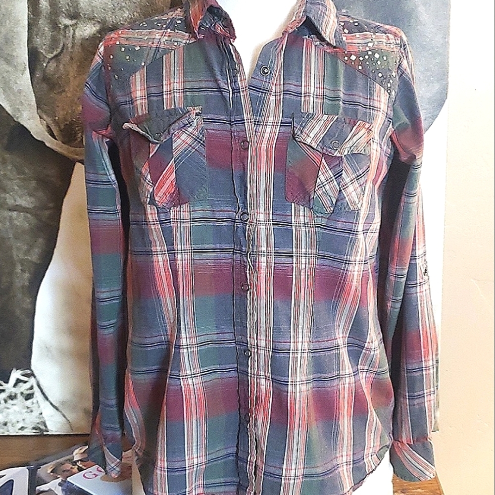 Overdrive cotton snap up plaid shirt w grommets